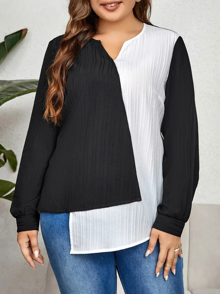 Elegante Asymmetrische Langarm Bluse Schwarz Weiss