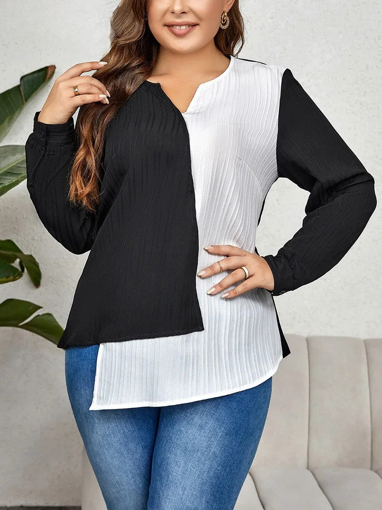 Elegante Asymmetrische Langarm Bluse Schwarz Weiss