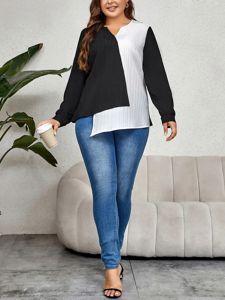 Elegante Asymmetrische Langarm Bluse Schwarz Weiss