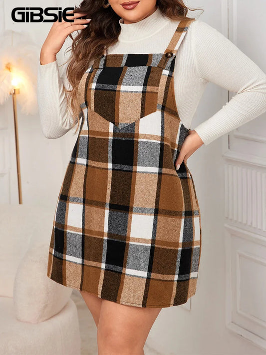 GIBSIE Plus Size Plaid Strap Dress Women New 2024 Autumn Winter Vintage Sleeveless Loose Mini A-Line Dresses Female Vestidos