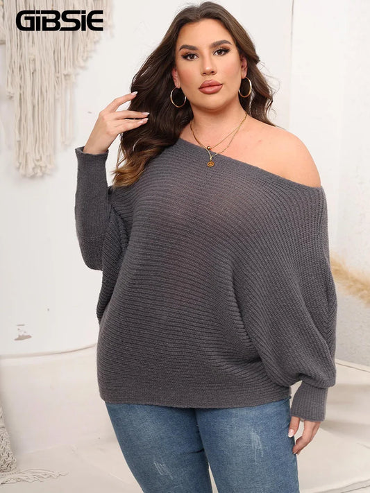 Lässiger Off-Shoulder Strickpullover -  Kuscheliger Herbst-Chic für kurvige Frauen