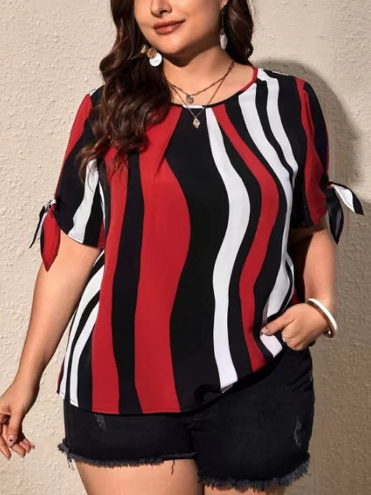 Lässige Streifen Bluse Plus Size mit Schlitz & Bändern