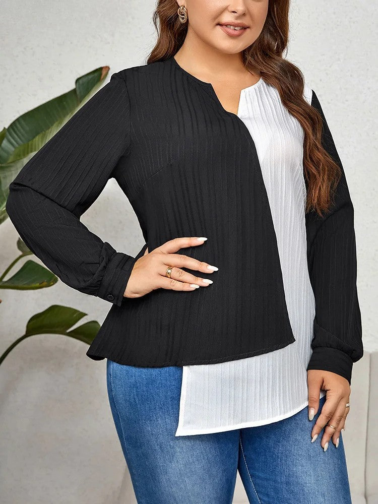 Elegante Asymmetrische Langarm Bluse Schwarz Weiss