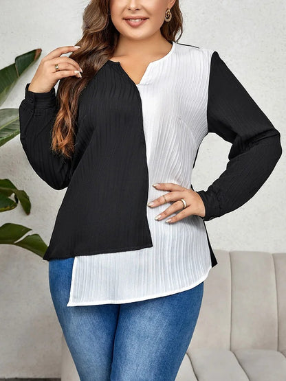 Elegante Asymmetrische Langarm Bluse Schwarz Weiss