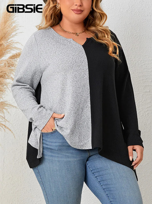 GIBSIE Plus Size Notch O-Neck Colorblock Patchwork T-Shirts Women 2024 Autumn Casual Loose Long Sleeve Asymmetrical Hem Tee Tops