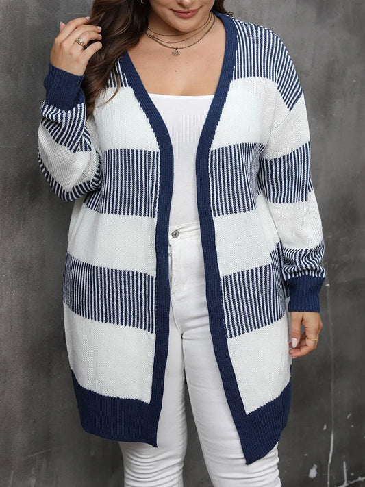 Gestreifte lange Strickjacke in Kontrastfarben (Übergröße) - Lässiger Long Cardigan für Damen Herbst & Winter